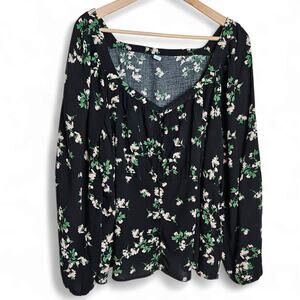 Old Navy Womens Black Floral Print Square Neck Peasant Blouse Top Size 2X Plus